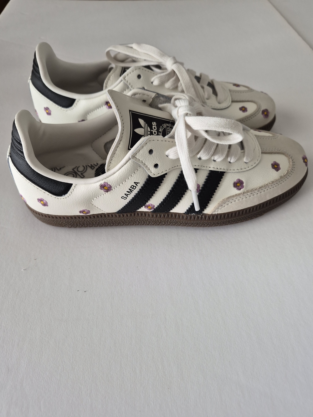 adidas Samba Women's White Sneakers with Black Stripes and Purple Floral Accents